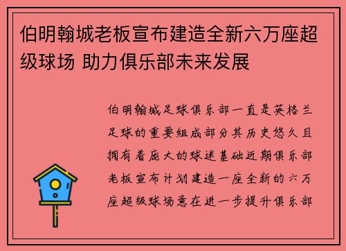 伯明翰城老板宣布建造全新六万座超级球场 助力俱乐部未来发展 伯明翰城老板宣布建造全新六万座超级球场 助力俱乐部未来发展